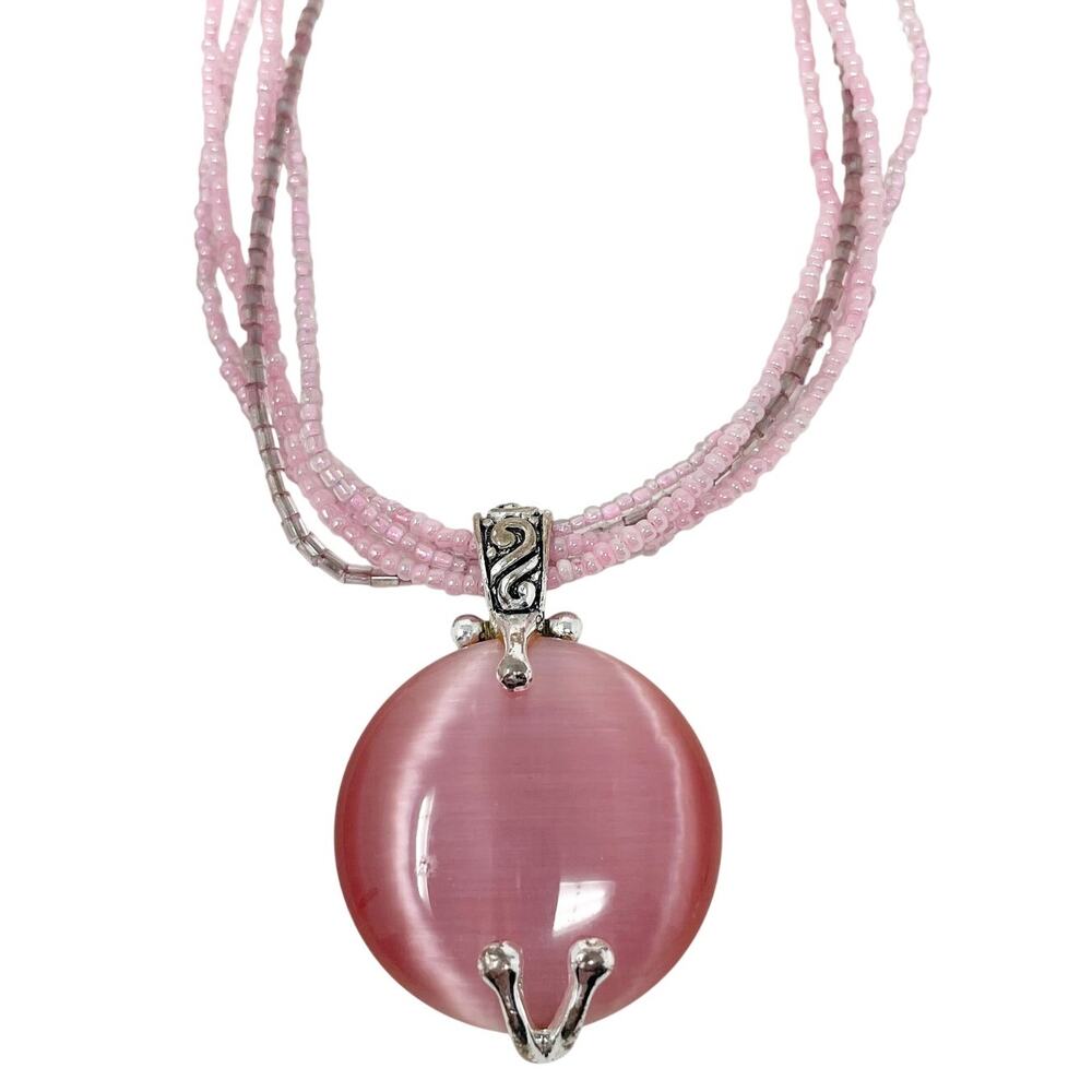 Premier Designs Katrina Pink Cat's Eye Silver Tone Beaded Multi Strand Necklace